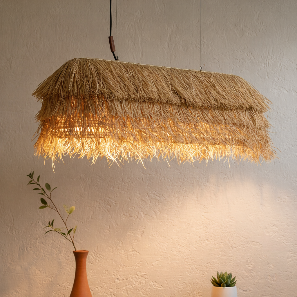 Raffia Grass 3-Layer Linear Pendant Lamp – Natural Bamboo Mesh Hanging Light - MOORAQ
