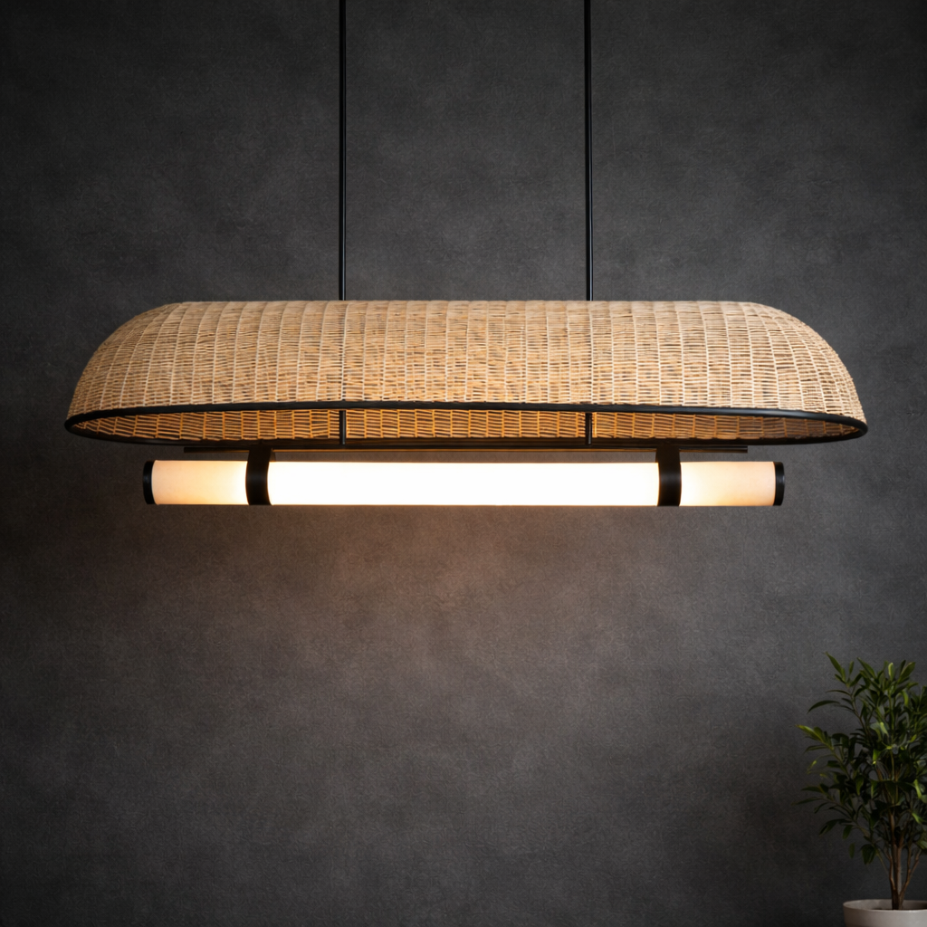 Umbrella Linear  Industrial Linear Pendant Lamp with Natural Cane / Rattan Mesh - MOORAQ