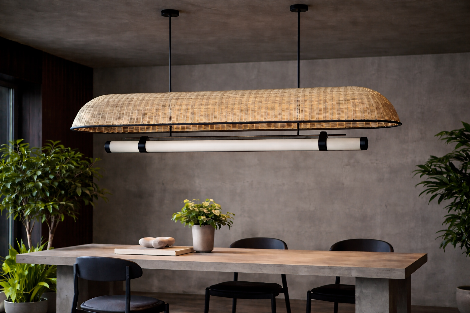 Umbrella Linear  Industrial Linear Pendant Lamp with Natural Cane / Rattan Mesh