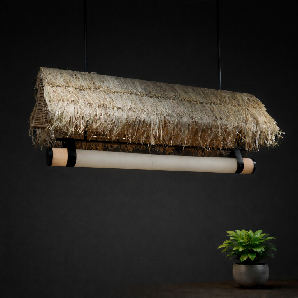 Rihla Cane Linear Light- Natural cane mesh and Raffia Grass for Home, Restaurants and Offices