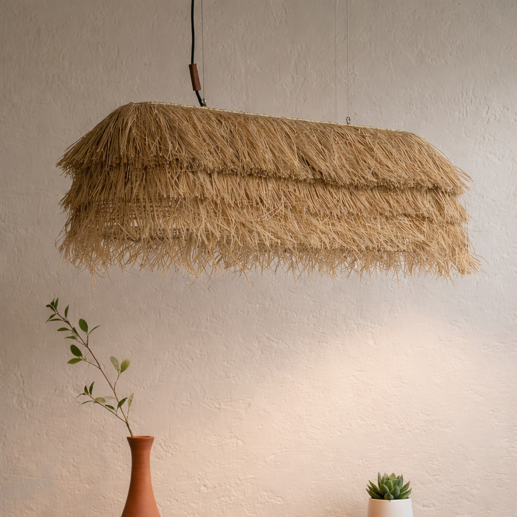 Raffia Grass 3-Layer Linear Pendant Lamp – Natural Bamboo Mesh Hanging Light - MOORAQ