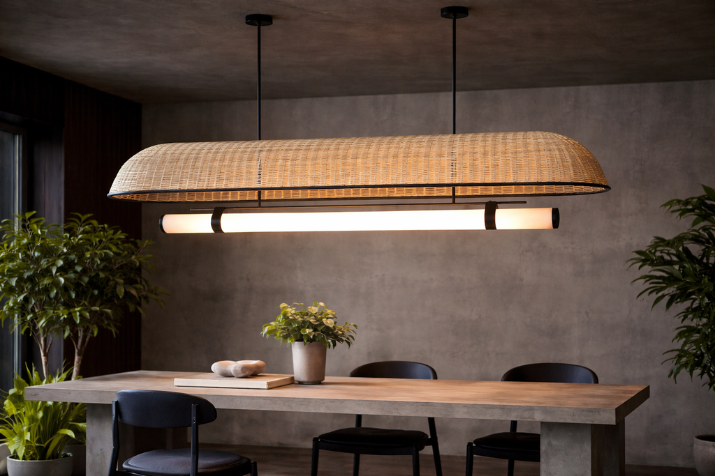 Umbrella Linear  Industrial Linear Pendant Lamp with Natural Cane / Rattan Mesh