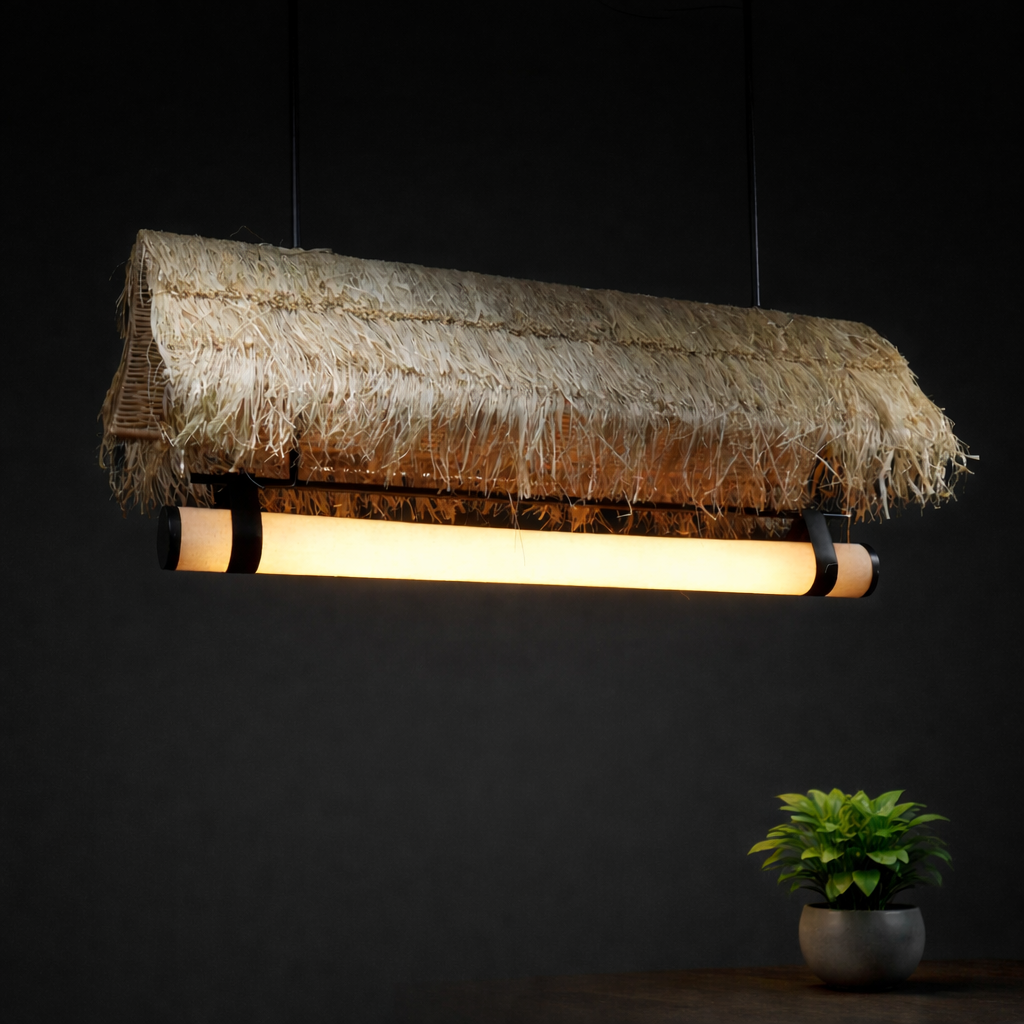 Rihla Cane Linear Light- Natural cane mesh and Raffia Grass for Home, Restaurants and Offices